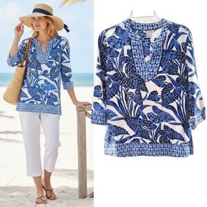 Tommy Bahama Linen Tunic Top Women's XS Blue White Floral Split Neck 3/4 Sleeve